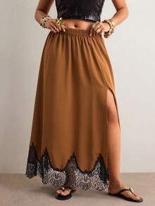 Freevana Váy xẻ cao phối ren tương phản màu sắc thời trang mùa hè cỡ lớn - Cà phê nâu - Xem 5