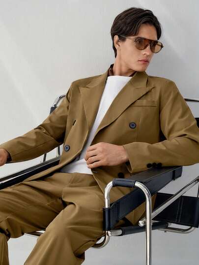 RONVEXI Conjunto de traje de negocios con chaqueta de doble botonadura y cuello alto de unicolor, y pantalones para hombre