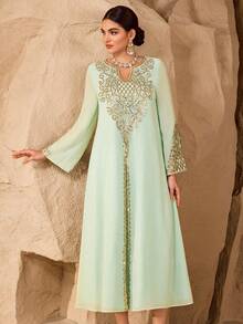 Al Najma 新款精美刺绣领口阿拉伯风格女式连衣裙 - 薄荷綠 - 查看 7