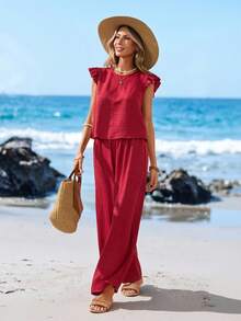 Sylviya 2件套 女士休闲红色短袖纽扣装饰套装，度假装 - 紅色 - 查看 3