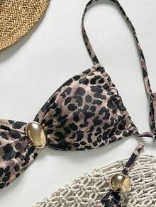Costavie Bộ đồ nghỉ hè 2 món dành cho nữ, gồm áo quây hai dây màu trơn và bikini dây mảnh với họa tiết vòng tròn vàng. - Nhiều màu - Xem 4