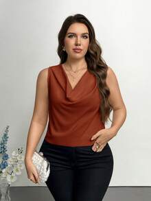 SHEIN Privé Áo kiểu dáng thanh lịch, cổ khoét sâu, không tay, ôm sát, cỡ lớn, thích hợp cho tiệc tùng và hẹn hò, mùa xuân/hè. - màu nâu - Xem 7