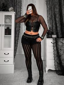 Whyspr 网眼条纹性感深色弹力打底裤 - 黑色 - 查看 6