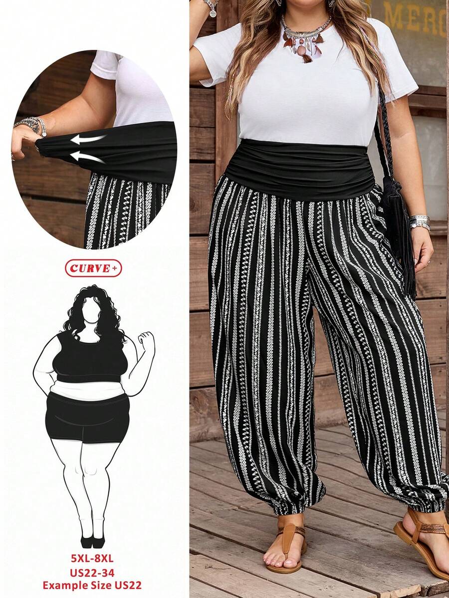 SHEIN CURVE+ Curve 尺码 US22 音乐节、海滨度假、波西米亚风女士条纹弹力腰宽松哈伦裤，休闲度假风 - 黑色 - 查看 1