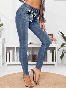 Selenza 女士休闲修身牛仔裤 - 藍色 - 查看 3