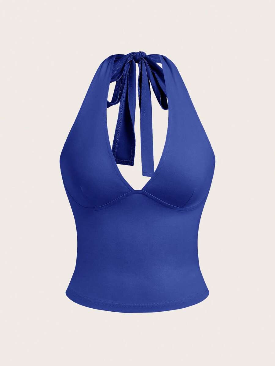 SHEIN EZwear 女士纯色深V领修身露背上衣 - 寶藍色 - 查看 1