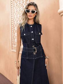 Selianne Women's Single-Breasted Round Neck Utility Pocket Casual Denim Vest - Dark Wash - View 4