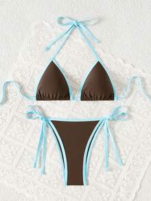 Swim Mod Bộ bikini gợi cảm buộc dây cổ phối màu tương phản dành cho nữ, thích hợp mặc đi biển mùa hè. - màu nâu - Xem 5