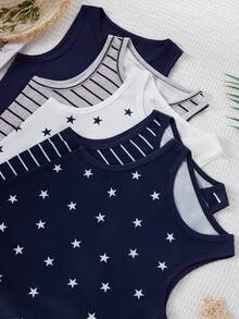 paquete de 5 piezas de camisetas sin mangas casuales y cómodas para niños con estampado de rayas y estrellas, ligeras, suaves y versátiles, aptas para todas las estaciones - Multicolor - Ver 4