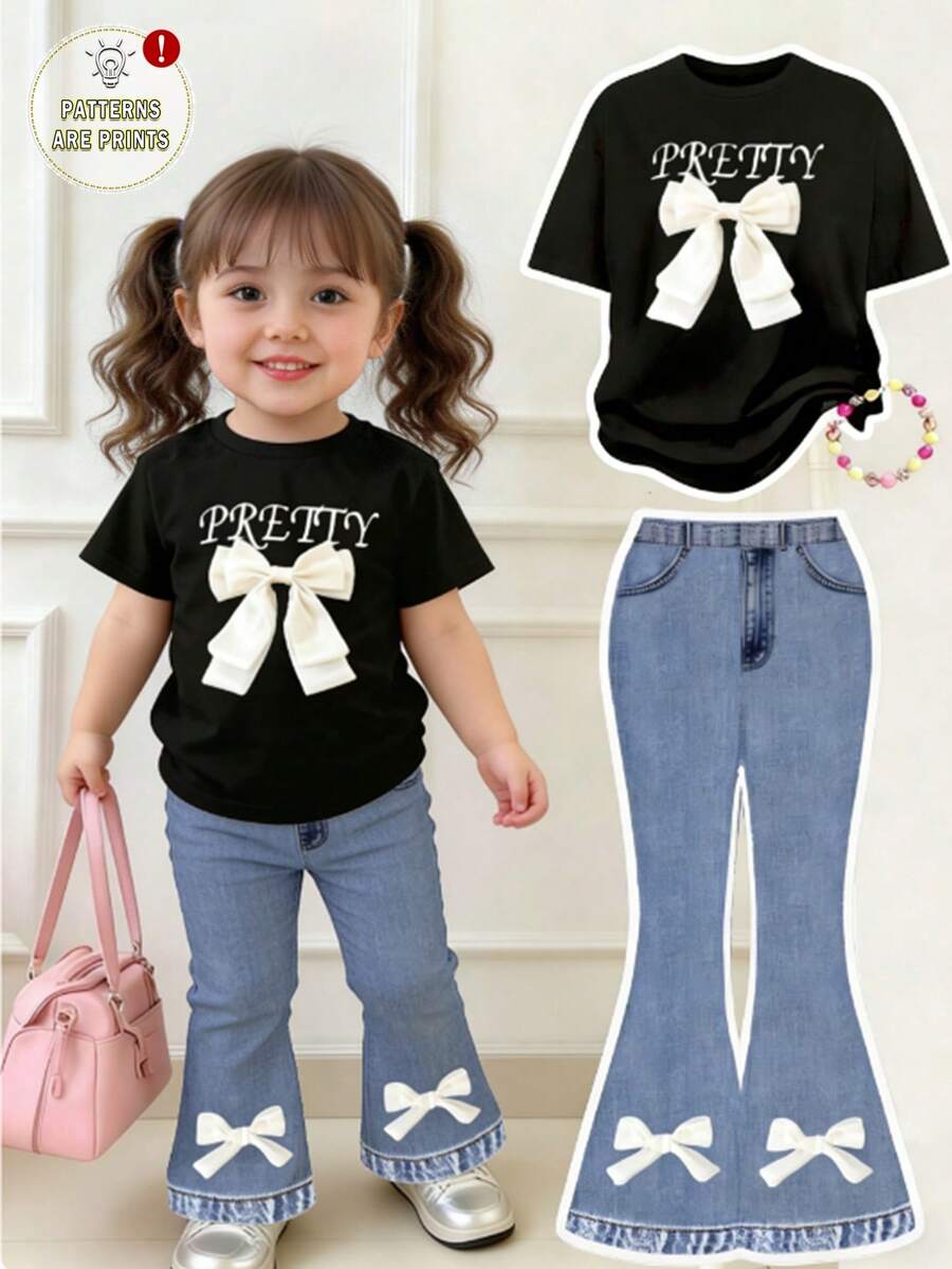 Elladie kids 春夏休闲时尚创意可爱简约白色蝴蝶结牛仔布字母印花T恤和喇叭裤套装,舒适温暖的夏秋款式,适合女童,节日氛围装扮 - 彩色 - 查看 1