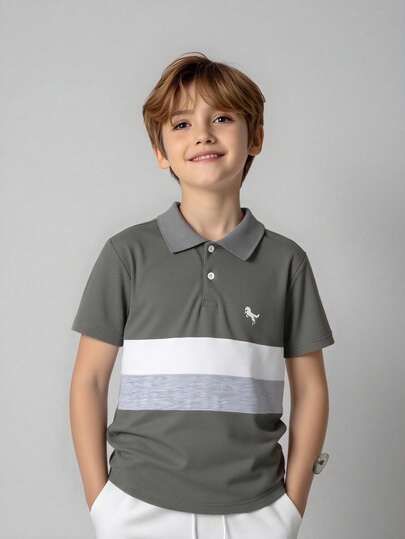 SHEIN Vacaura Tween Boys' Casual Colorblock Striped Short Sleeve Polo Shirt, Summer