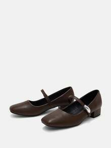 女士3厘米布面包跟黑色时尚百搭玛丽珍低跟粗跟优雅平底鞋，另有藏蓝色、咖啡色、酒红色可选 - 深棕色 - 查看 2