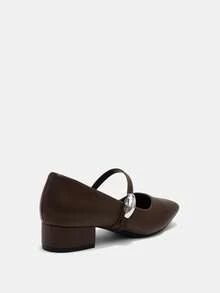 女士3厘米布面包跟黑色时尚百搭玛丽珍低跟粗跟优雅平底鞋，另有藏蓝色、咖啡色、酒红色可选 - 深棕色 - 查看 11