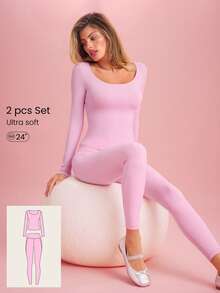 GLOWMODE FeatherFit™ PulseFit Soft Stretchy Sweat-Wicking Slim-Fit Long Sleeve Top And Legging Set Low Impact Yoga Pilates Studio Daily Active Wear - Baby Pink - View 1