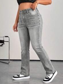 Plus Size Women Slim Fit Flare Leg Casual Versatile Jeans - Grey - View 4