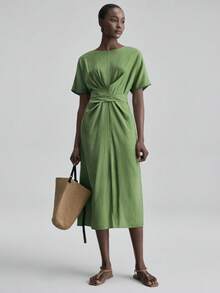 Ontre 女士绿色舒适透气亚麻修身露肩短袖连衣裙，优雅婚礼宾客装扮，简约浪漫法式时尚奢华都市商务休闲办公装，低调复古高端通勤机场邮轮中东节日必备，高品质百搭季节性婚礼系列连衣裙 - 綠色 - 查看 4