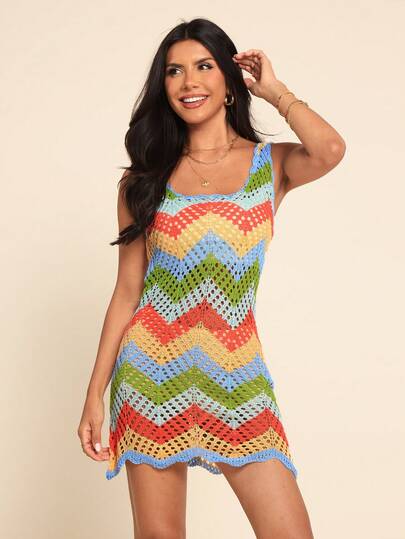 Coeurva 女士夏季度假沙滩撞色镂空针织毛衣连衣裙