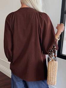 DAZY Women's Casual Commuter Floral Embroidery Tie-Front Shirt - Brown - View 2