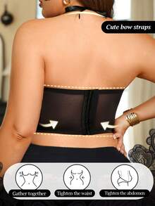 Seduluxe Plus Size Black Lace Underwire Halter Tie-Up Cinched Waist Enhancing Bra - Black - View 2