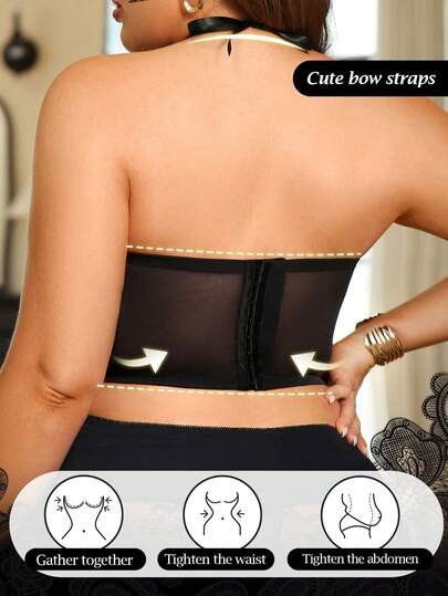 Plus Size Black Lace Underwire Halter Tie-Up Cinched Waist Enhancing Bra