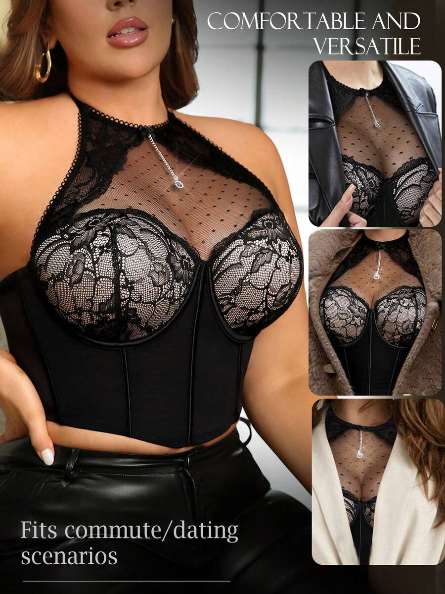 Seduluxe Plus Size Black Lace Underwire Halter Tie-Up Cinched Waist Enhancing Bra - Black - View 1