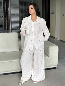 Dazy Plus Heart Print Loose Long Sleeve Top And Long Pants Pajama Set, Plus Size Women Spring/Autumn Sleepwear - White - View 4