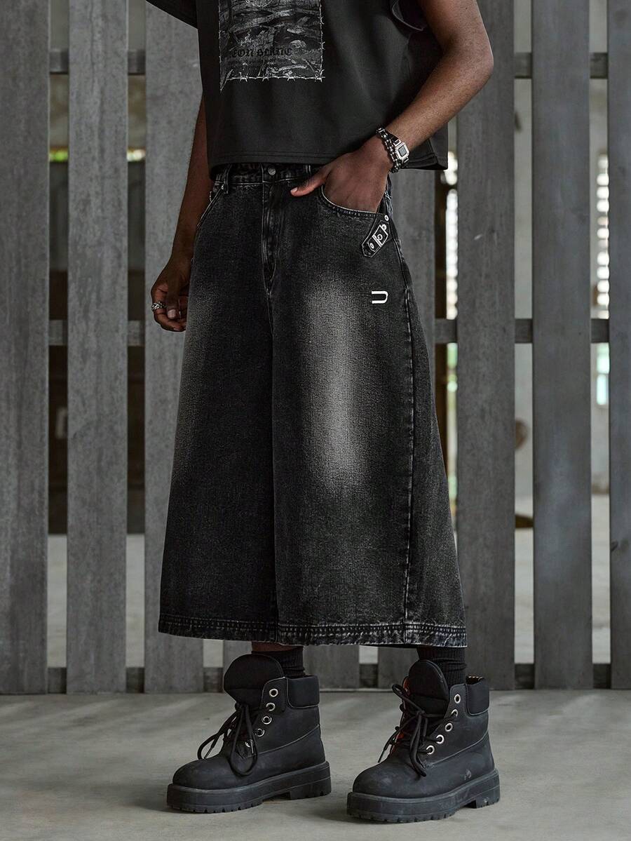 NEON BLANC 男士休闲宽松黑色阔腿牛仔短裤，带斜插口袋 - 黑色 - 查看 1