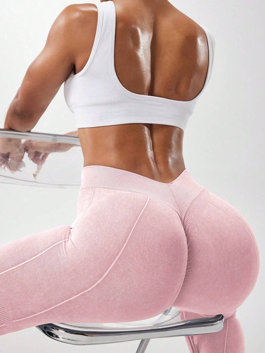 Slayform Slayform 1pc Washed Lotus Root Powder Color Sports Leggings,Tight-Fitting V-Waist Long Pants,Seamless Knit High Elasticity Comfortable Yoga Fitness Casual - Dusty Pink - View 1