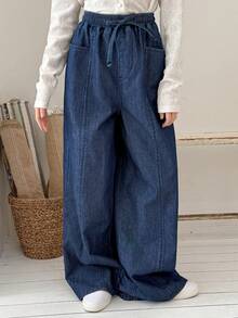 DAZY Tween Girls' High Waist Wide Leg Washed Denim Jeans, Summer - Blue - View 6