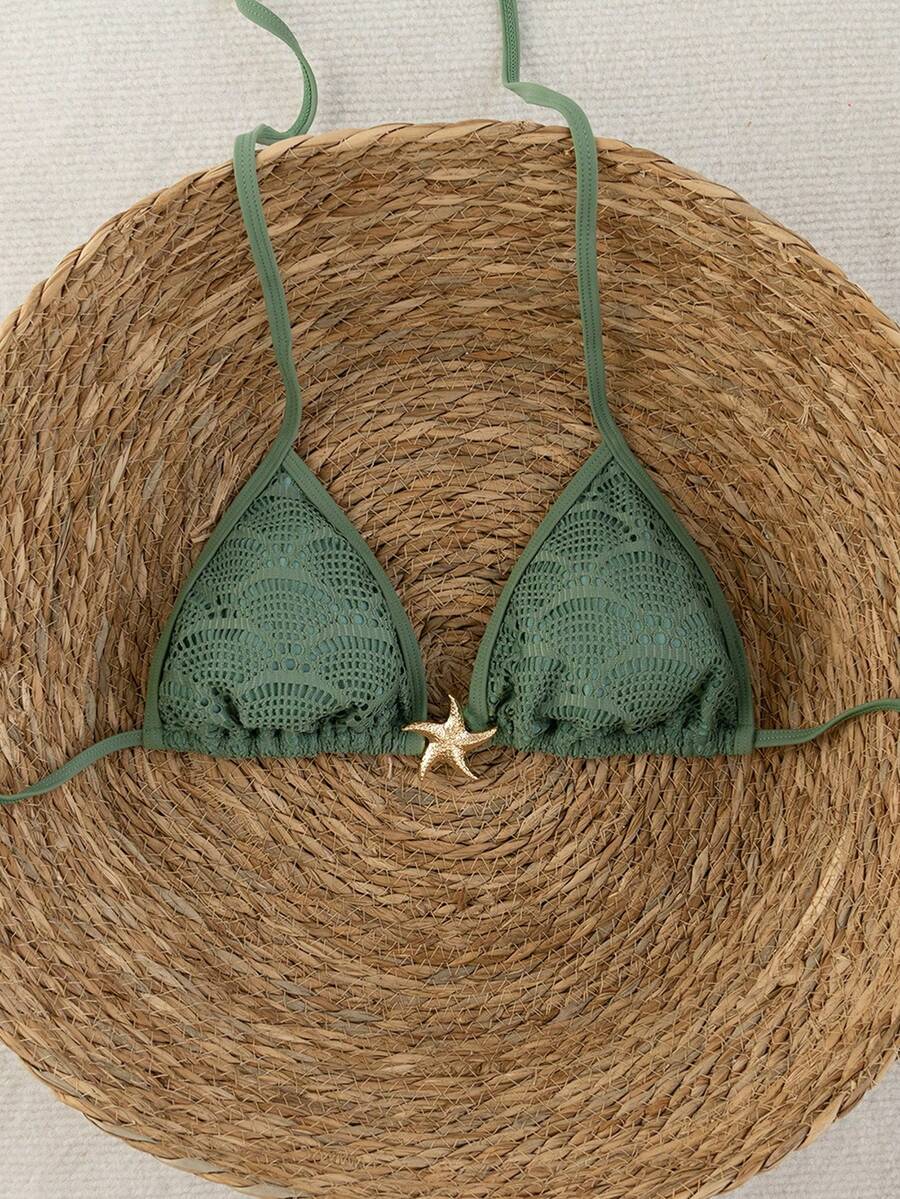Swim Vcay Top de Maiô Bikini Básico Feminino com Pescoço Amarrado e Costas Abertas, Feito de Tecido Perfurado Minimalista para o Verão - Verde Militar - Visão 1
