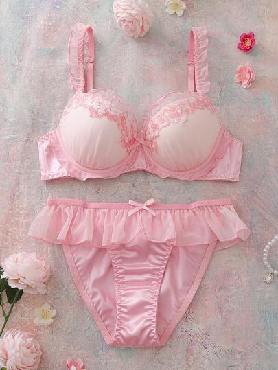 Pink Underwire Padded Bra Set, High Support, Gather & Lift, Ruffle Trim, Mesh Inset, Floral Pattern, Romantic & Elegant Women's Lingerie Set