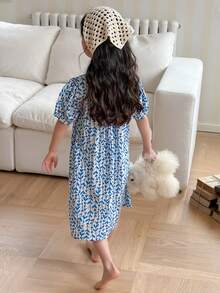 DAZY Đầm mùa hè in họa tiết cây cỏ tay phồng, kiểu dáng thường ngày cho bé gái. - Màu xanh lam - Xem 2