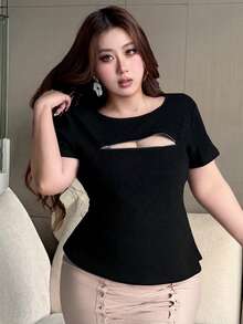 Dazy Plus 圆领拉链镂空性感裹身极简黑色长袖T恤 - 黑色 - 查看 6