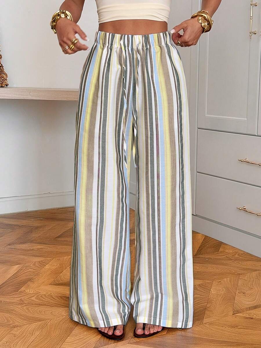 Muchica Striped Print Drawstring Waist Casual Wide Leg Woven Women Pants,Summer Outfits For Women,Beach Outfits - Multicolor - View 1