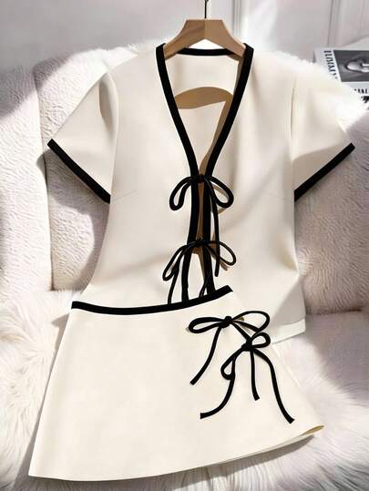 GlowEve CURVE Plus Size Women's Commuter Casual, Color Block, Short Sleeve Top And Mini Skirt 2-Piece Set