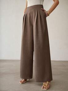 MOTF PREMIUM SOLID HIGH WAIST FOLD PLEATED WIDE LEG PANTS - Brown - View 5