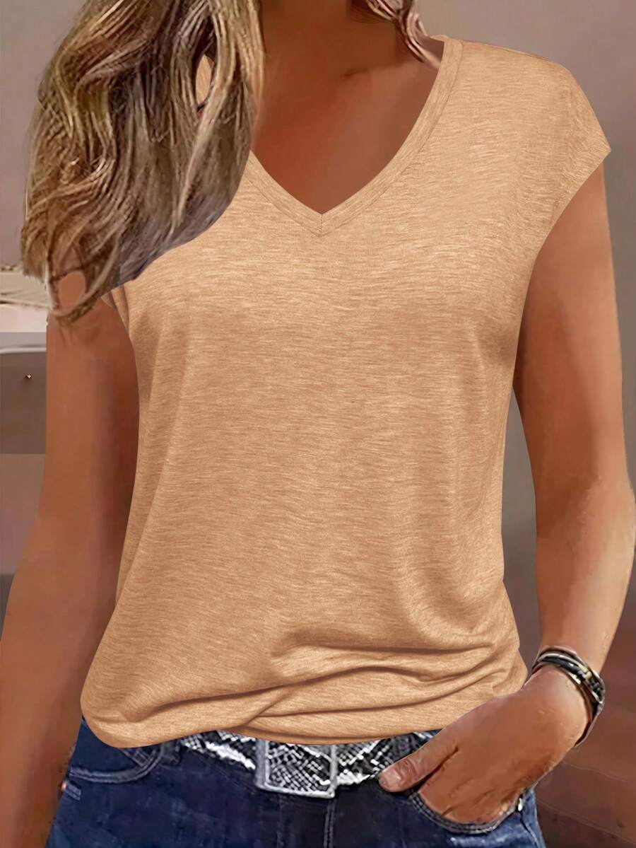 EMERY ROSE Camiseta casual de mujer de unicolor con cuello en V y mangas tipo murciélago - Caqui - Ver 1