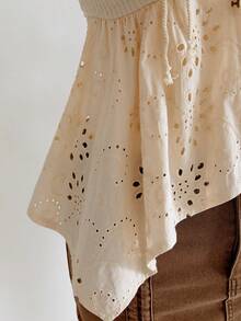 ROMWE Kawaii Áo yếm dây buộc móc khóa vải họa tiết tua rua retro hippie gợi cảm có viền bất đối xứng dành cho nữ - Màu be - Xem 4