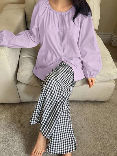 DAZY 2pcs Solid Color Cardigan Lantern Sleeve Top & Wide Leg Long Pants Pajama Set, Women Spring Loungewear