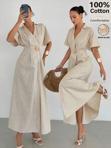 Siren Gaze Robe longue fendue pour femme en 100 % coton, col V, boucle métallique à la taille, style français élégant, beige, plissée, coupe trapèze, manches courtes, pour l'été, les vacances et les fêtes - Nude - Voir 2