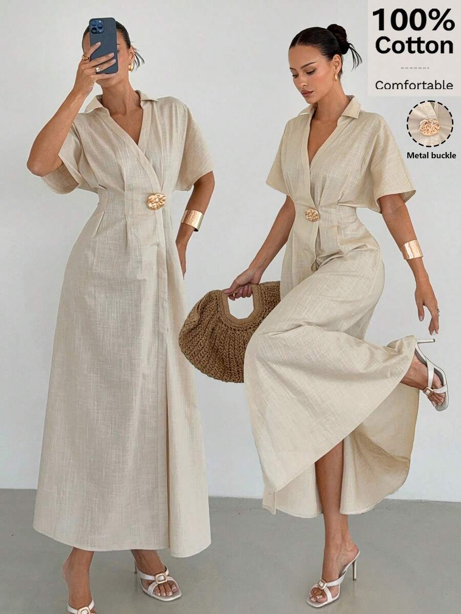 Siren Gaze Robe longue fendue pour femme en 100 % coton, col V, boucle métallique à la taille, style français élégant, beige, plissée, coupe trapèze, manches courtes, pour l'été, les vacances et les fêtes