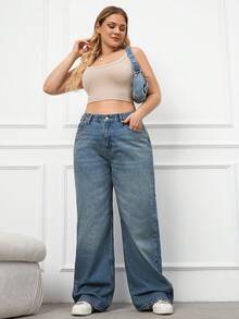 Jeans de pierna ancha con detalles de cinturón de 100% algodón de talla grande - Azul lavado medio - Ver 7
