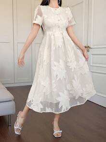 DAZY 女士优雅印花圆领花瓣袖中长连衣裙，夏季 - 杏色 - 查看 5