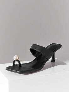 SHUZIA Sandal cao gót mũi nhọn kiểu dáng thanh lịch dành cho nữ, đính ngọc trai trang trí, thích hợp xỏ ngón. - màu đen - Xem 8