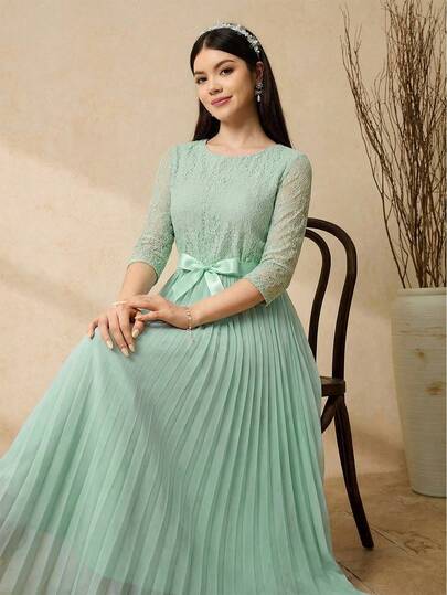 SHEIN Elegant Minimalist Fashion Lace Trim Petal Sleeve High Waist Mid-Length Solid Color Chiffon Dress, Green, Suitable For Teen Girl Graduation, Wedding