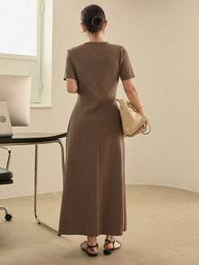 Dazy-Less 女士商务/休闲修身长裙，舒适中长款，春夏连衣裙 - 棕色 - 查看 4