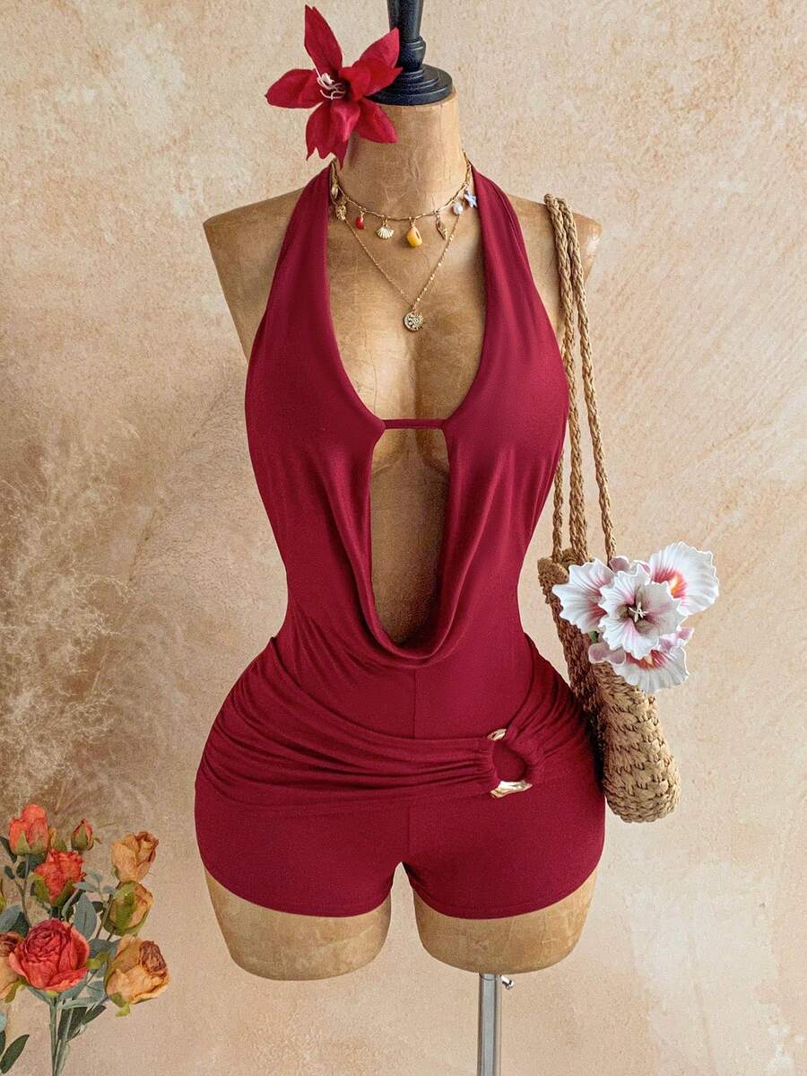 Soleia 新款休闲度假西部海滩婚礼宾客礼服毕业早午餐女装，适合圣帕特里克节、春假、复活节、音乐节等场合，优雅波西米亚热带风情露背金属串珠纹理连体裤 - 酒紅色 - 查看 1