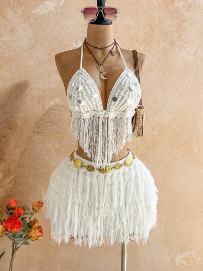 Soleia Women's Vacation Beach Fringe Decor Backless Halter Knit Top And Skirt 2 Pieces Set