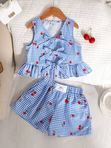 SHEIN Young Girl Casual Vacation Cherry Blue Plaid Vest Shirt Top And Shorts Set - Blue and White - View 6