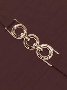 SHEIN Clasi 女士优雅 V 领橙色中长连衣裙，金属环扣腰带，合身腰部设计，春夏 - 棕色 - 查看 3